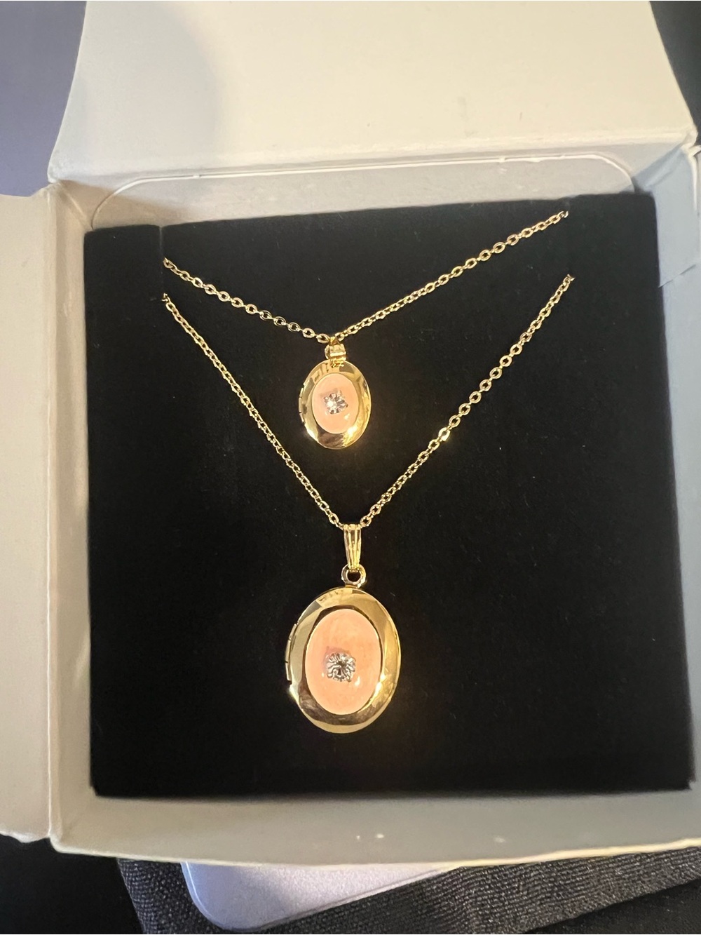 Avon Gold-Tone Mother/Daughter Set Locket Necklace with Pink Center and CZ
